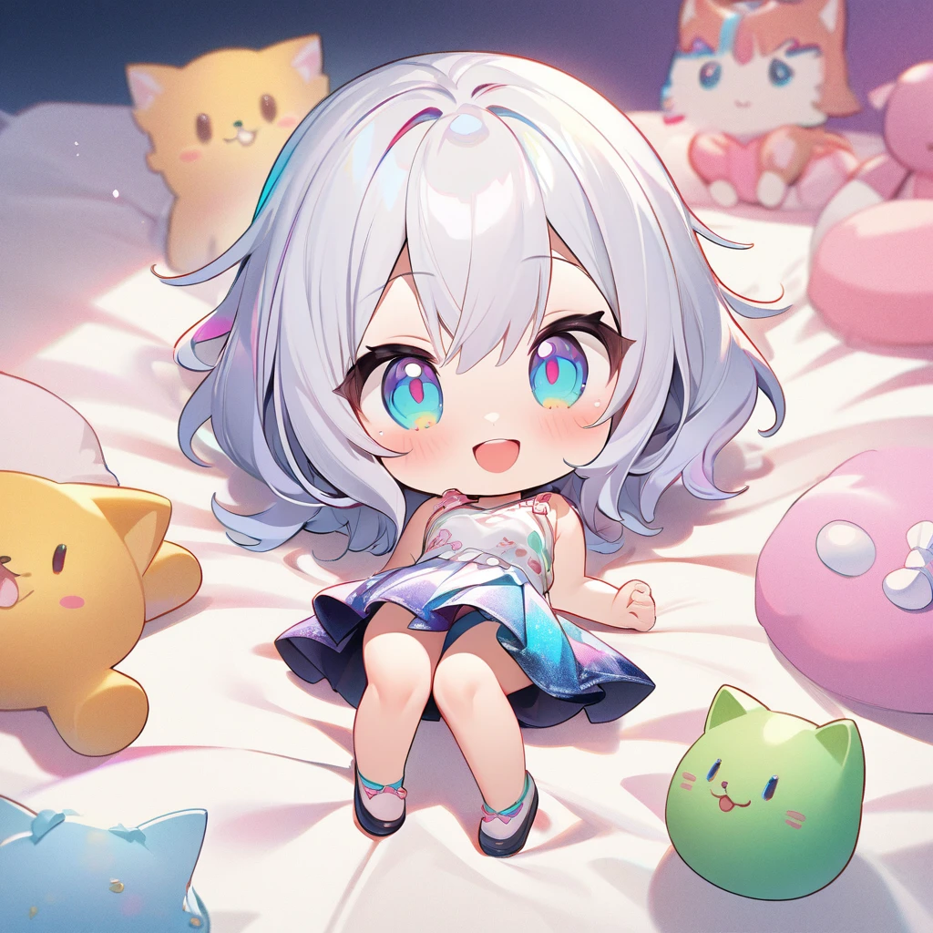 masterpiece、Highest quality、Depth of subject、((2D illustration))、1 beautiful girl、((colorful))、(((chibi style)))、((Long, beautiful hair))、Bright silver hair、ribbon、cute、Beautifully detailed eyes、Tank top、((mini skirt))、(((vivid color))、((bed))、((full body shot))、((Very happy face))、((kitten))、stuffed toy、((There&#39;s a lot of pink around))、((Lens flare))、White light is shining、My whole body was filled with light