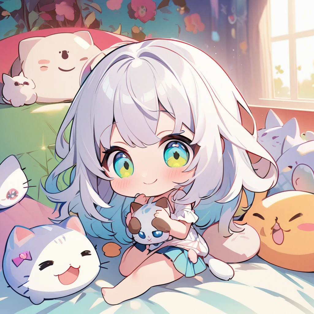 masterpiece、Highest quality、Depth of subject、((2D illustration))、1 beautiful girl、((colorful))、(((chibi style)))、((Long, beautiful hair))、Bright silver hair、ribbon、cute、Beautifully detailed eyes、Tank top、((mini skirt))、(((vivid color))、((bed))、((full body shot))、((Very happy face))、((kitten))、stuffed toy、((There's a lot of pink around))、((Lens flare))、White light is shining、My whole body was filled with light