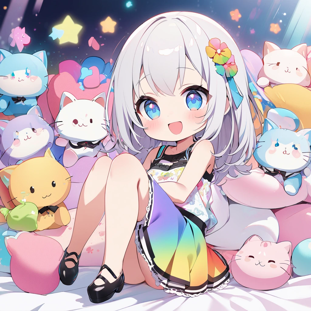 masterpiece、Highest quality、Depth of subject、((2D illustration))、1 beautiful girl、((colorful))、(((chibi style)))、((Long, beautiful hair))、Bright silver hair、ribbon、cute、Beautifully detailed eyes、Tank top、((mini skirt))、(((vivid color))、((bed))、((full body shot))、((Very happy face))、((kitten))、stuffed toy、((There&#39;s a lot of pink around))、((Lens flare))、White light is shining、My whole body was filled with light