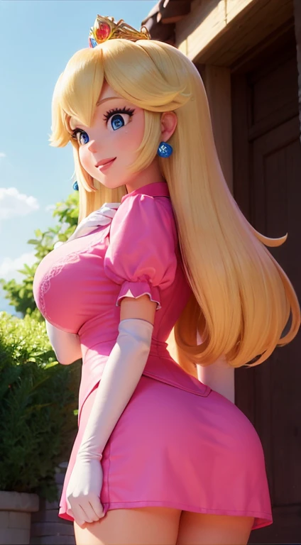 (Outside with beuatifull greenery,)  A  Princess Peach wearing a gorgeous pink polo shirt along with a short white skirt, she is gentle and compassionate and is shown smiling gently, she is over 6 feet tall and wears a golden crown atop her blond hair and white golfing gloves. With a focus on her large alluring chest, ( large chested), she is depicted in a close-up shot from below, peach shaped butt.