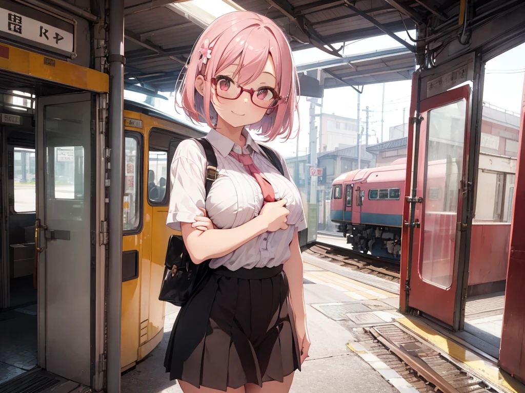 1girl,flower pattern ,train,station ,pastel pink hair,brown eye,bob hair,standing, put hands on body, full body,red frame eyewear,big breasts,smile