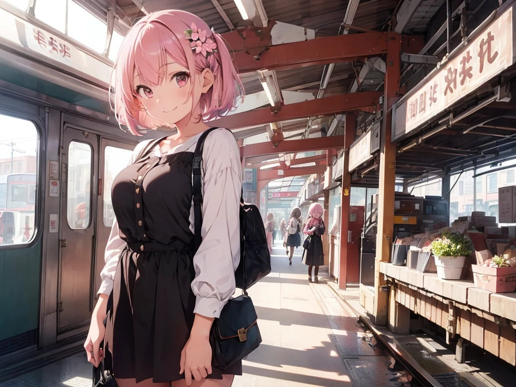 1girl,flower pattern ,train,station ,pastel pink hair,brown eye,bob hair,standing, put hands on body, full body,red frame eyewear,big breasts,smile