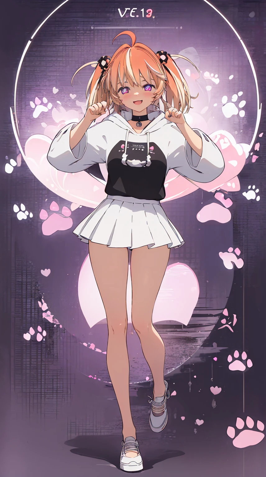 (AS-YoungerV2:1.2),13 yo., medium breasts, (paw pose:1.1), Highly detailed, High Quality, long white hair, masterpiece, skirt, (detailed eyes:1.1), high res, (detailed face, ultra detailed face:1.2), cute face,hoodie, cat ears, heart choker, purple eyes, smile,
