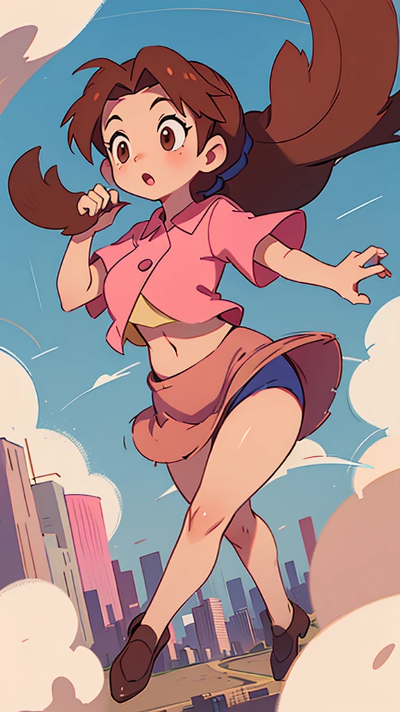 A girl with light skin, sexy, cute, leaders, long brown hair, her brown eye, wears a pink button-down blouse, shows her navel, and a short blue skirt, black shoe, and she travels, flying, sky, city background.