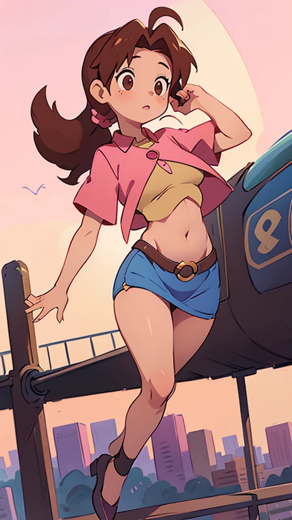 A girl with light skin, sexy, cute, leaders, long brown hair, her brown eye, wears a pink button-down blouse, shows her navel, and a short blue skirt, black shoe, and she travels, flying, sky, city background.