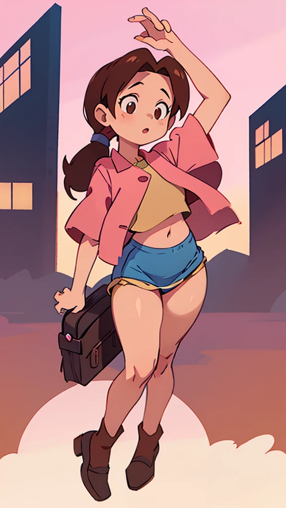 A girl with light skin, sexy, cute, leaders, long brown hair, her brown eye, wears a pink button-down blouse, shows her navel, and a short blue skirt, black shoe, and she travels, flying, sky, city background.