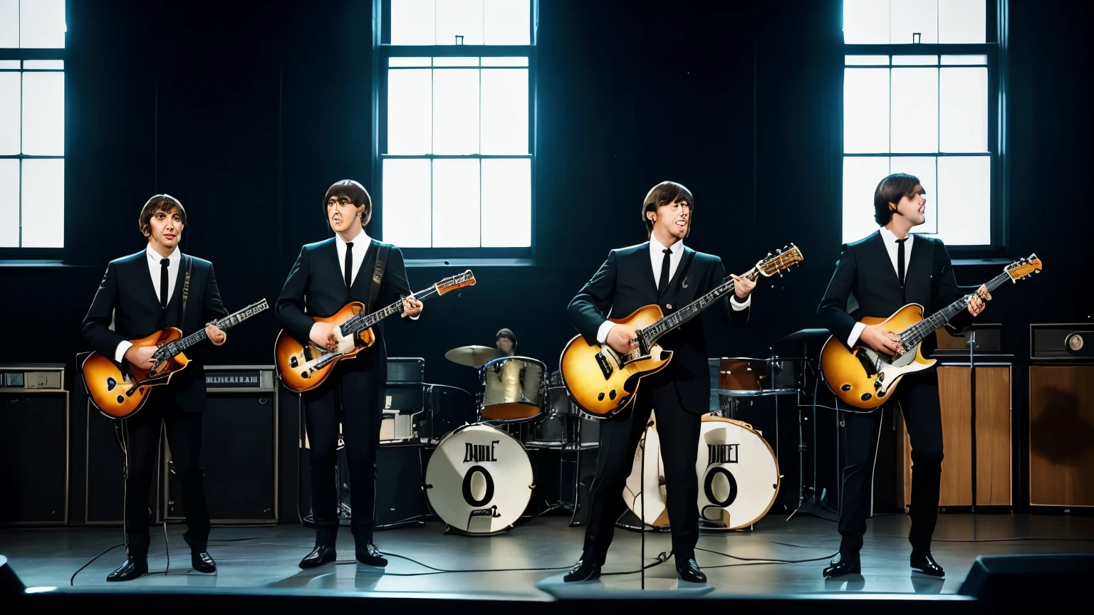 Instrument details: Produce an image that focuses on the details of the Beatles' musical instruments as they are being played on stage. Include your guitars, bass guitar, drums and other characteristic equipment.
