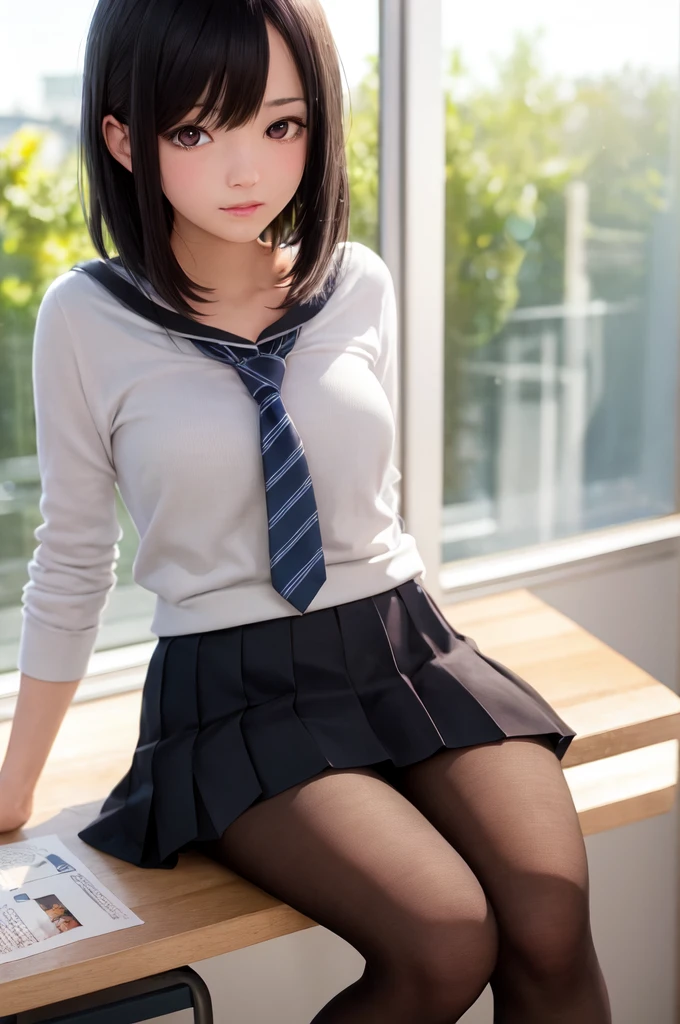 masterpiece, best quality, ultra-detailed, illustration, colorful, falt color, depth of field, lens flare,
1girl, anime, sitting, black hair, looking at viewer,school, classroom, pleated miniskirt , , serafuku, black pantyhose, detailed skin texture, detailed cloth texture, beautiful detailed face,
