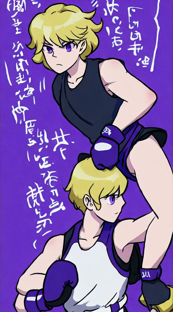an athletic girl, flat chest, yellow hair, short messy hair, purple eyes, wearing a white MMA outfit and an off-shoulder jacket, shoulders exposed, punk, tough and aggressive, boxing wraps around hands