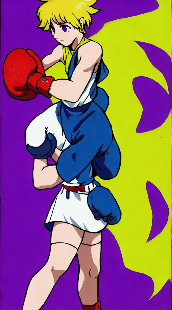 an athletic girl, flat chest, yellow hair, short messy hair, purple eyes, wearing a white MMA outfit and an off-shoulder jacket, shoulders exposed, punk, tough and aggressive, boxing wraps around hands