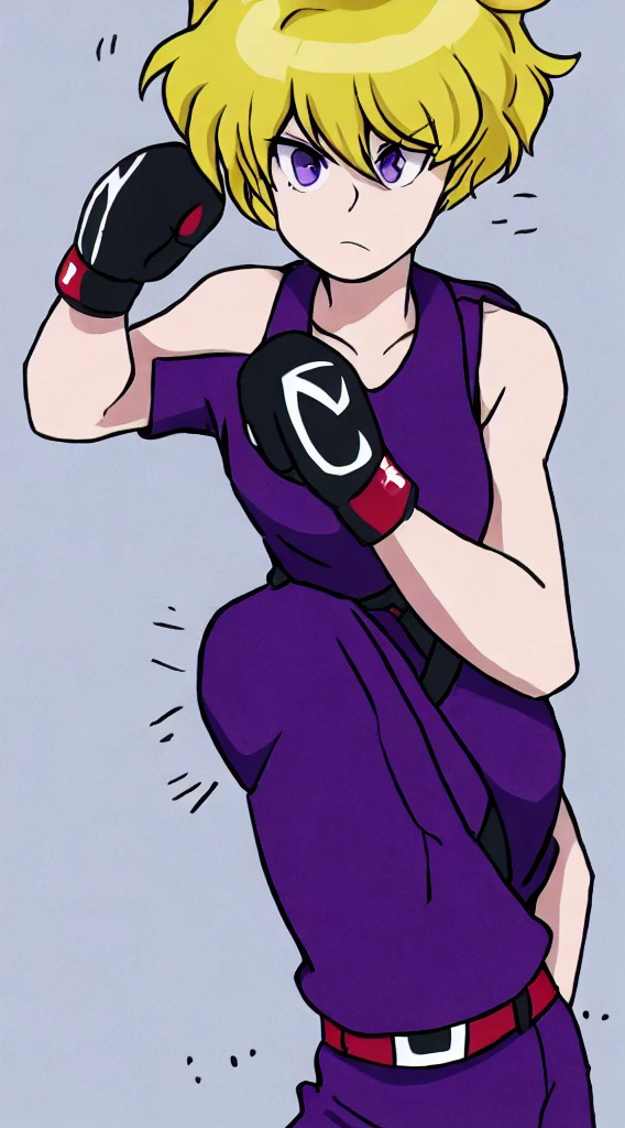 an athletic girl, flat chest, yellow hair, short messy hair, purple eyes, wearing a white MMA outfit and an off-shoulder jacket, shoulders exposed, punk, tough and aggressive, boxing wraps around hands