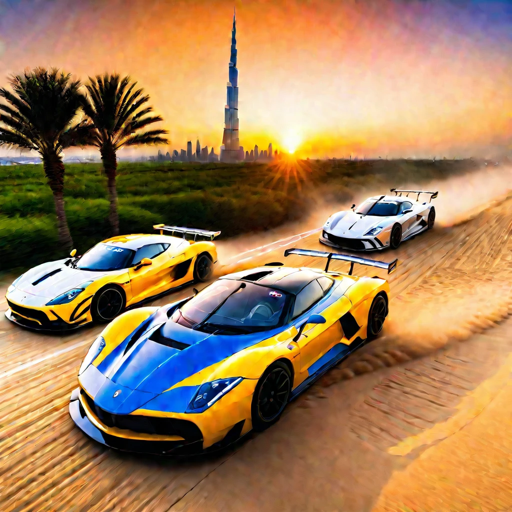 beach racing ，Sunset，The golden light enveloped the entire venue，The beach is crowded with tourists，They enjoy their time under the colorful umbrellas，Watch cars driving at high speed，Racing car design fashion，aerodynamics，Huge air intake，Curvy beauty，Speeding on the sand，Raising dust and gravel，The roar of engines and the squeal of tires echoed throughout the venue.，The perfect combination of speed and passion，As if you were in it，Experience this level of speed feast，Burj Khalifa in the background、The natural beauty of Cuba and the rugged landscape of Iceland，Global Experience，Artwork full of energy and passion，Let the audience feel as if they are in another world full of adrenaline。
