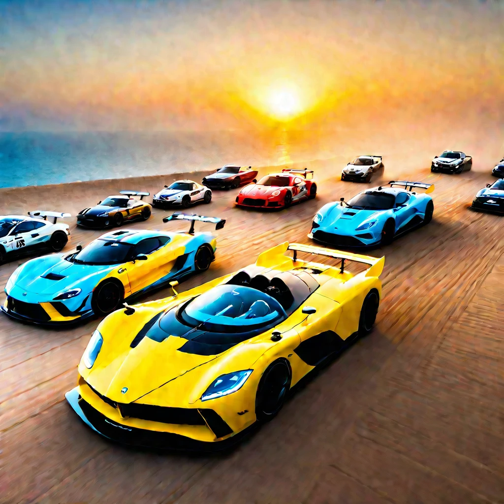 beach racing ，Sunset，The golden light enveloped the entire venue，The beach is crowded with tourists，They enjoy their time under the colorful umbrellas，Watch cars driving at high speed，Racing car design fashion，aerodynamics，Huge air intake，Curvy beauty，Speeding on the sand，Raising dust and gravel，The roar of engines and the squeal of tires echoed throughout the venue.，The perfect combination of speed and passion，As if you were in it，Experience this level of speed feast，Burj Khalifa in the background、The natural beauty of Cuba and the rugged landscape of Iceland，Global Experience，Artwork full of energy and passion，Let the audience feel as if they are in another world full of adrenaline。
