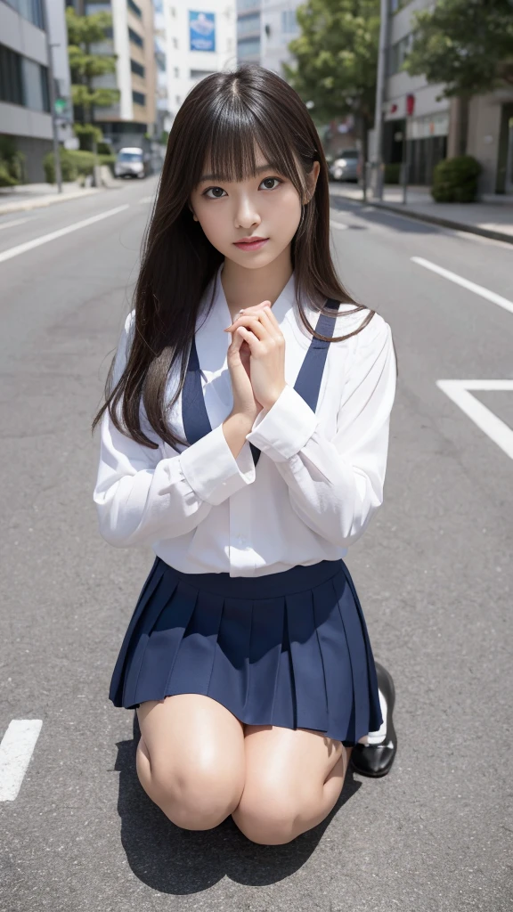 (masterpiece、high resolution、high quality),(Japanese women、18-year-old、High school girls)、(Accurate anatomy,Beautiful body)、, Put your hands forward from both feet, Put both feet in the circle of hands, Quite embarrassing, Beautiful feet, Tight Skirt, 90 degree knee, Place your heels on the ground, Hands in front of feet, Hold my feet, Kneel, paved, RAW Photos, In 8K, 最high quality, Ultra-high resolution, Beautiful face details, Real human skin, Gentle expression, Front view, Angle from below, Long Hair, Realistic, Realistic, cute, Short skirt, Lurking deep in the city, cute女子高生, (Japanese Uniform, Japanese Uniformを着て), Surreal school girl, Esbian all over,
