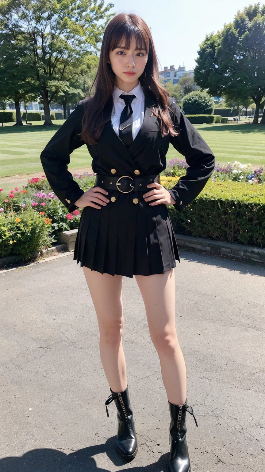 (8K、RAW Photos、Highest quality、masterpiece:1.2)、(Realistic、Realistic)、1 Girl、((Check mini skirt、tie、Medium Hair、black、Thin legs、whole body、boots、blackいコート、one piece、garden、View from the front、Looking into the camera、belt、Stand with hands on hips))、