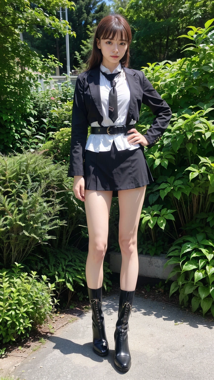 (8K、RAW Photos、Highest quality、masterpiece:1.2)、(Realistic、Realistic)、1 Girl、((Check mini skirt、tie、Medium Hair、black、Thin legs、whole body、boots、blackいコート、one piece、garden、View from the front、Looking into the camera、belt、Stand with hands on hips))、