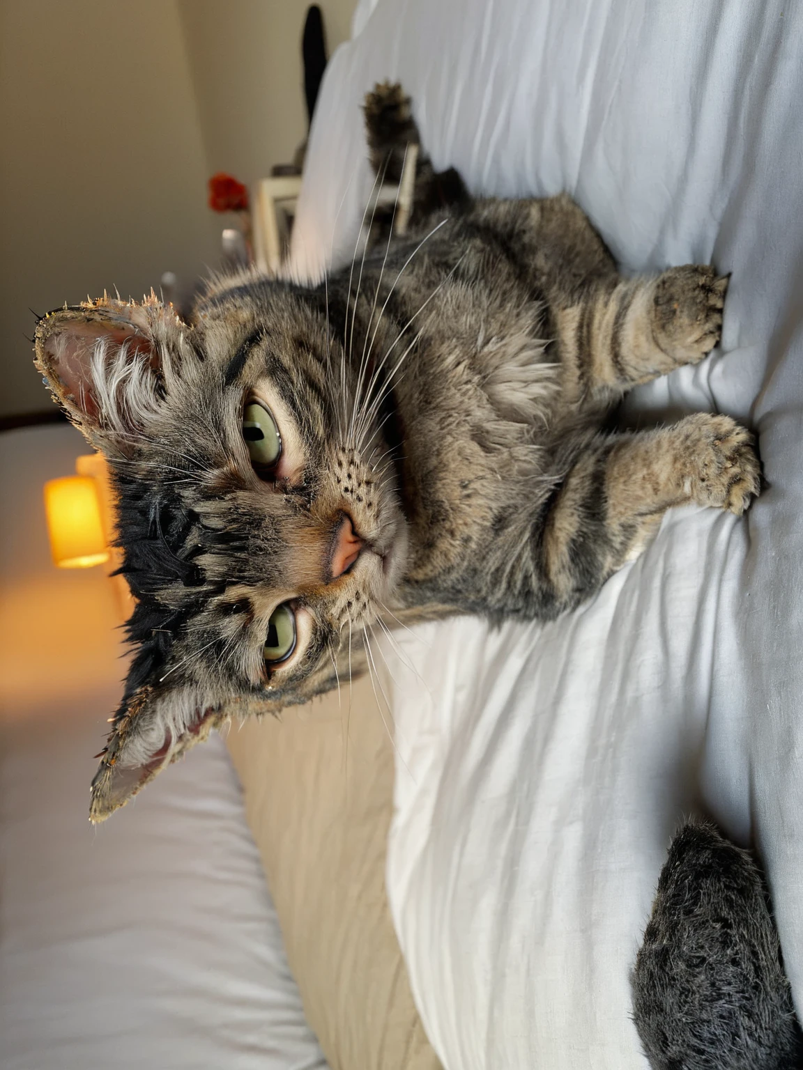 there is a cat that is laying on a bed with a pillow, looking towards the camera, holding it out to the camera, looking to the camera, looking straight to the camera, looking to camera, looking straight to camera, is looking at the camera, looking into the camera, photo of a cat, front facing the camera, also very detailed