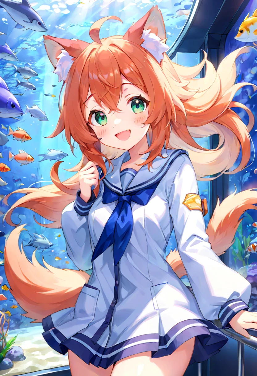 super high resolution, detailed background, aquarium, 1girl, Happy, joyful, absurdres(Photos of solo travelers)(kemono, furry anthro),