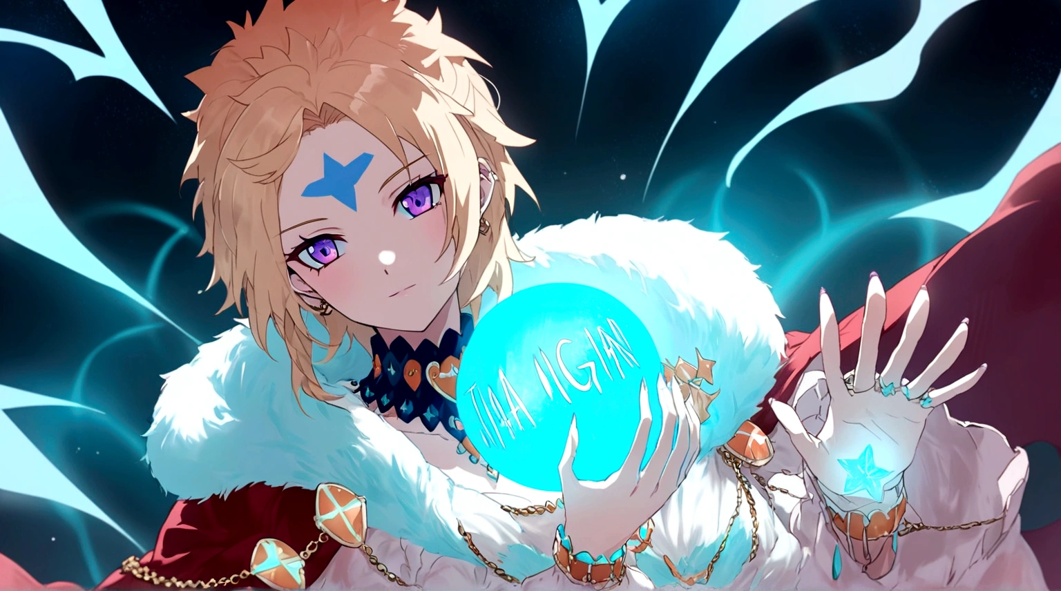 A blonde woman in anime style with short blonde hair and purple eyes. on her forehead is a tattoo of a blue star with 6 points. she is a human and wears a red cloak with a large white fur collar on which lies a golden chain. she is a magician and holds a magic ball of time magic in her hand.