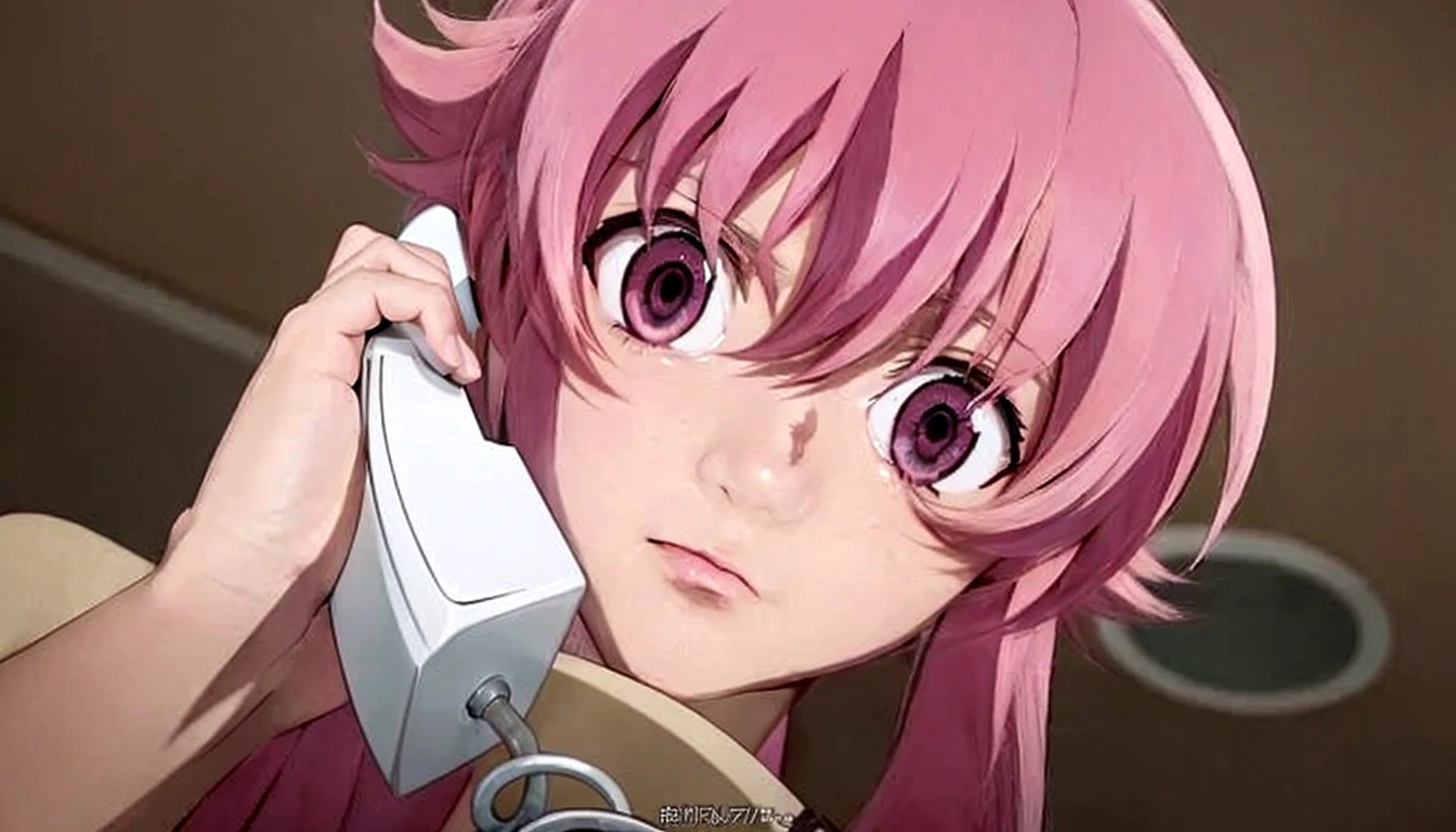 anime girl with pink hair talking on a desk phone, mirai nikki, anime girl named gasai yuno, realistic pink eyes, gasai yuno, close up of mirai nikki, gasai yuno, gasai yuno, she has a cute expressive face, gasai yuno, screenshot from an Anime from 2012, in an anime scene, scene!!, shocking.