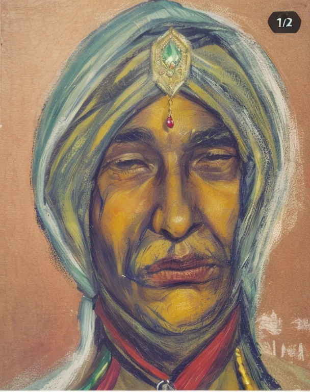 naughty man, turban with jewelry, India, age 45