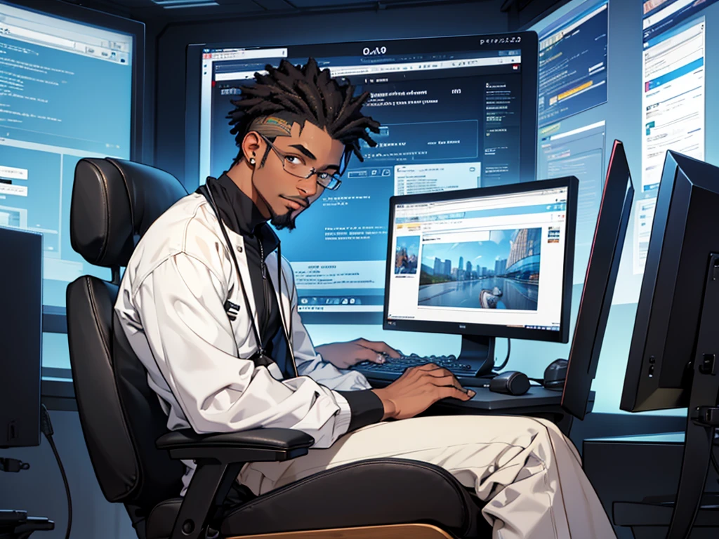 young black man with a goatee working on computer, about 19 nos, again 2024, sitting on a chair facing the screen, clear and clean environment