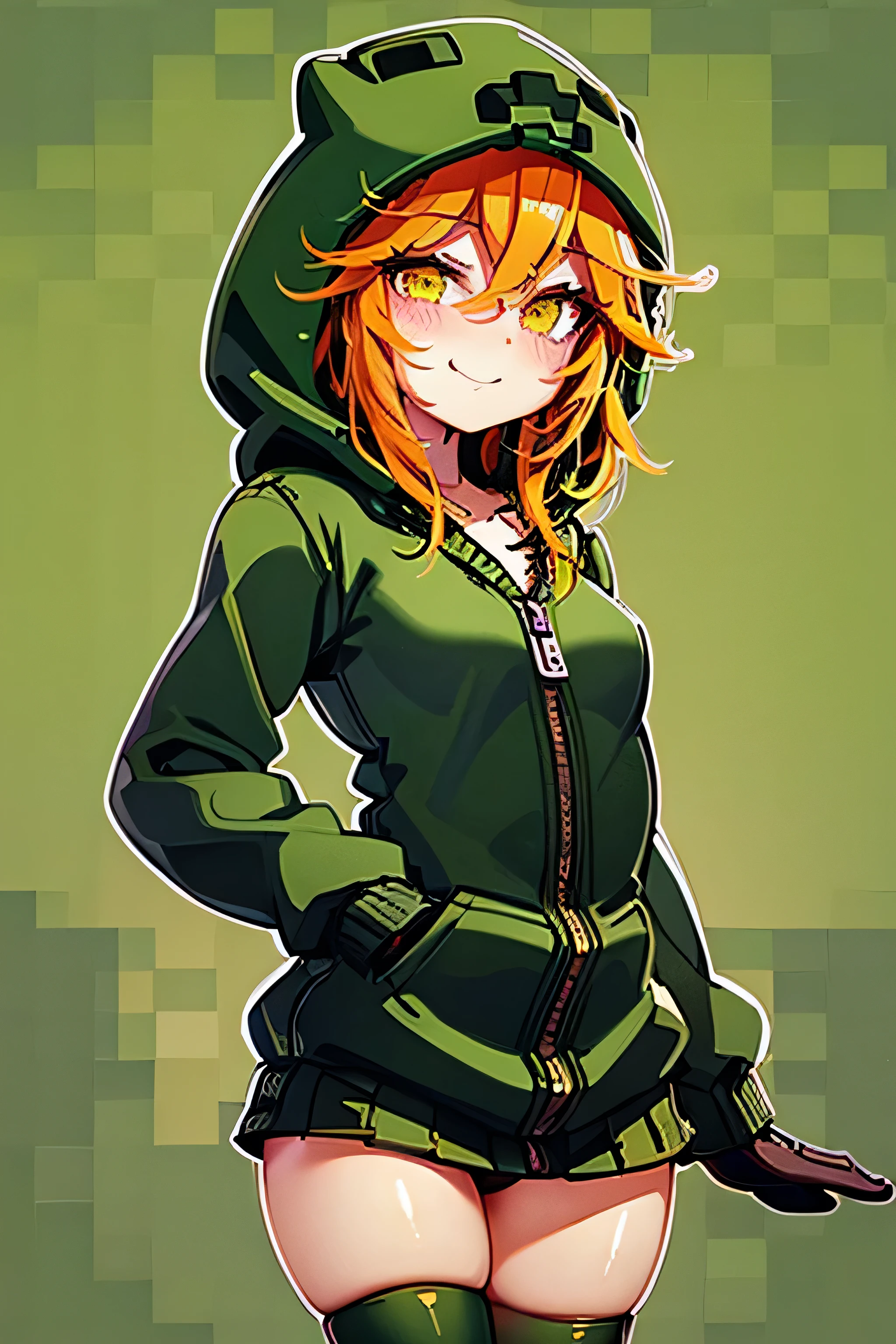 anime girl, creeper girl, orange hair, yellow eyes, blush, cute smile, slim figure, long green hoodie, hood, green mini skirt, dark green stockings, black gloves, small breasts, minecraft plains