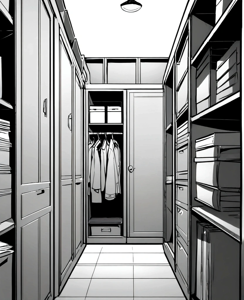 Front flat view view, orthogonal view, arcgive open closet, dicuments and sheets, full of documents, gray closet opened, archive closet