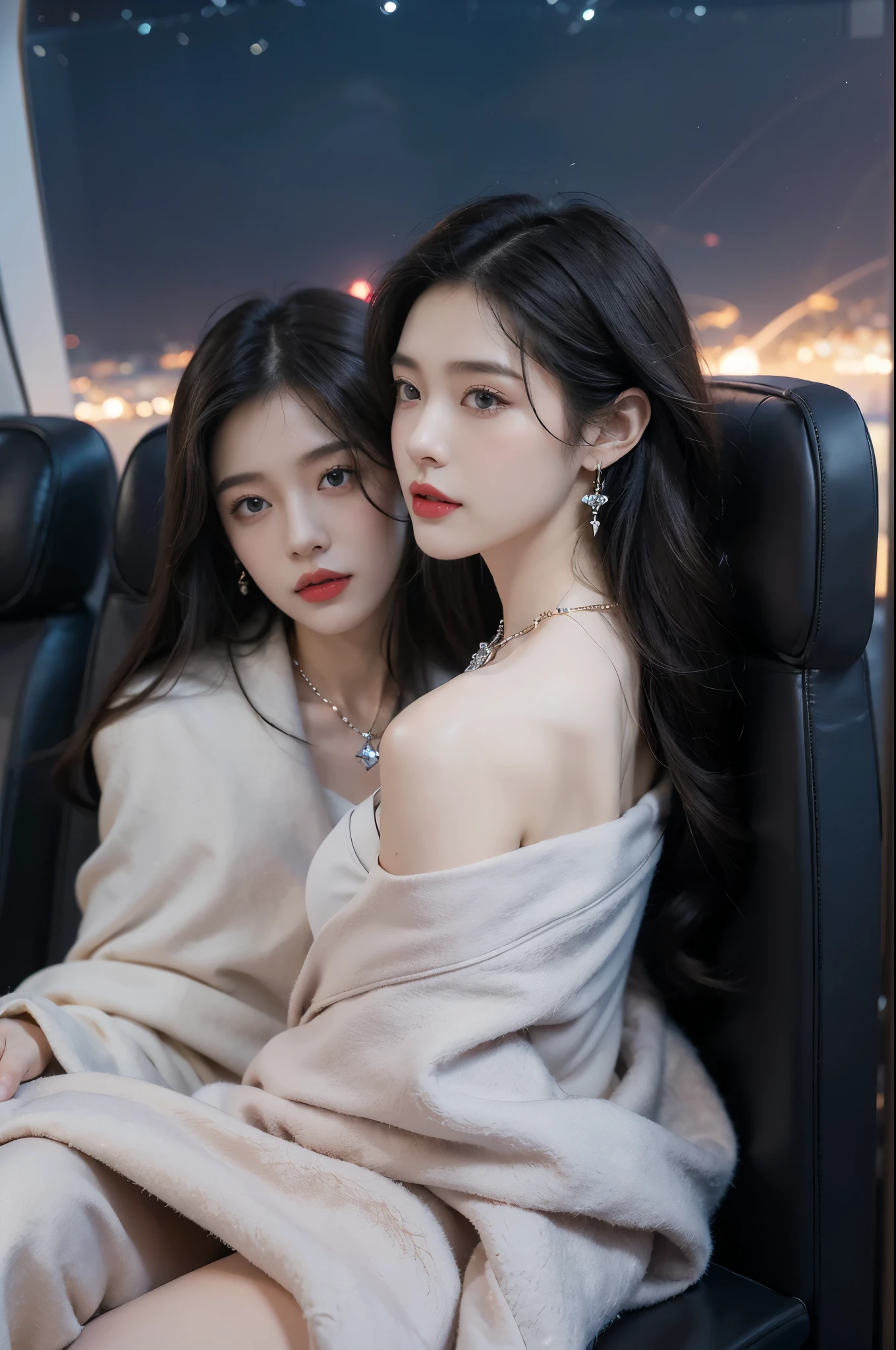 (((best quality))),(((ultra detailed))),(((masterpiece))),illustration,(a beautiful girl,female passenger,solo),(parted red lips),((slim,thin)),((bare back,towering hips,butt crack)),((earrings,crystal necklace)),(slender legs:1.2),(sitting on the seat:1.2),summer night,((in airplane,economy class,indoor)),(blanket over shoulders:1.3),((dress)),(shoulder length straight bob hair:1.2),stars,moonlight,smooth flight,engine sound,lullaby,relaxed,excited,laughing,visiting family,comfortable seats,soft fabric,headrests,adjustable,beauty of night sky,dimmed lights,sleeping passengers,movies,personal screens,staying awake,magic of sky,joy of being with family,memorable journey,adventures,(surrounded by crowded crowds:1.3),(Outside the window is high-altitude night view:1.2),((from back,upper body))