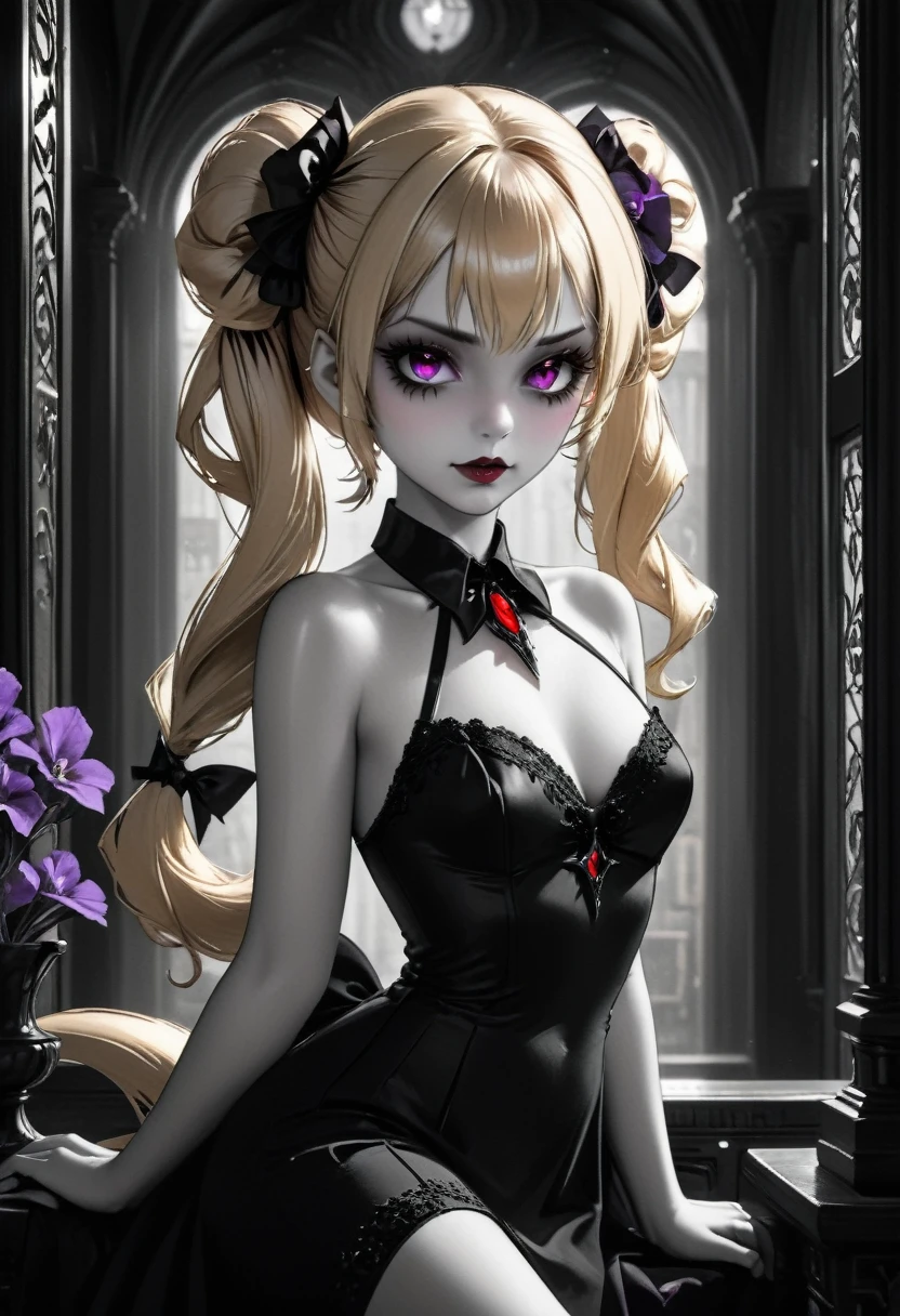 fantasy art deco (art deco: 1.5) A (black and white: 1.5) glamours (vampire: 1.5) model shot, RAW, award winning, of an exquisite beautiful 1solo female vampire, ultra feminine, full body, busty woman, most beautiful face ultra detailed face, ((blond long twin tails: 1.3)), twin tails decorated with black flowers,  pale skin, glowing (red: 1.3) eyes, wearing (lavender: 1.5) silk glamour intricate dress, with flowers on it,  wearing intricate high heels, light make up, ancient library background, (black and white filter: 1.4), (anatomically correct: 1.4), 1960s photoshoot style, picture taken from dynamic range, vibrant, Ultra-high resolution, High Contrast, (masterpiece:1.5), highest quality, Best aesthetics), best details, best quality, highres, ultra wide angle, 16k, [ultra detailed], masterpiece, best quality, (extremely detailed), Intense Gaze, dark novel, mega twintails