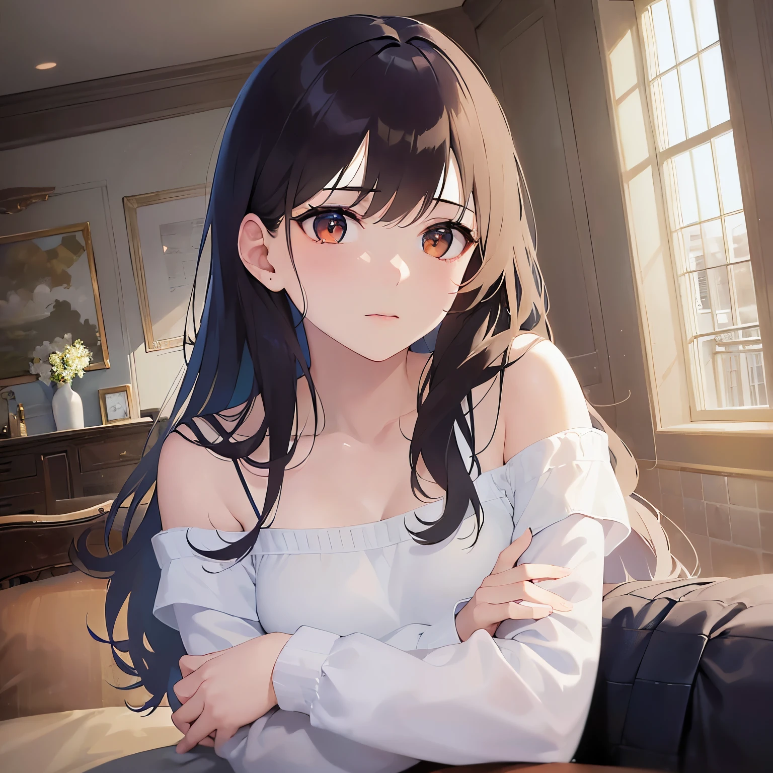 (looking away:1.5),
Realistic, real person, (pale skin: 1.2), RAW photo, photorealistic, shiny skin, shiny hair、 (A 35-year-old woman with medium-length hair and bangs) and (wavy hair) and (brown hair) and (Orange Eyes)、 (white) and (off shoulder blouse)、
The background is the living room、Arms crossed、Grim expression
