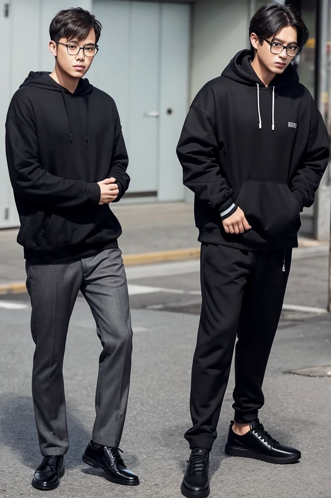 Standing back to back, the man on the left is wearing glasses and the man on the right is not wearing glasses. They both have black clothes, either hoodies or dress shirts, and look like they&#39;re playing a game. The man on the left is holding a mouse and keyboard, and the man on the right is holding a controller.