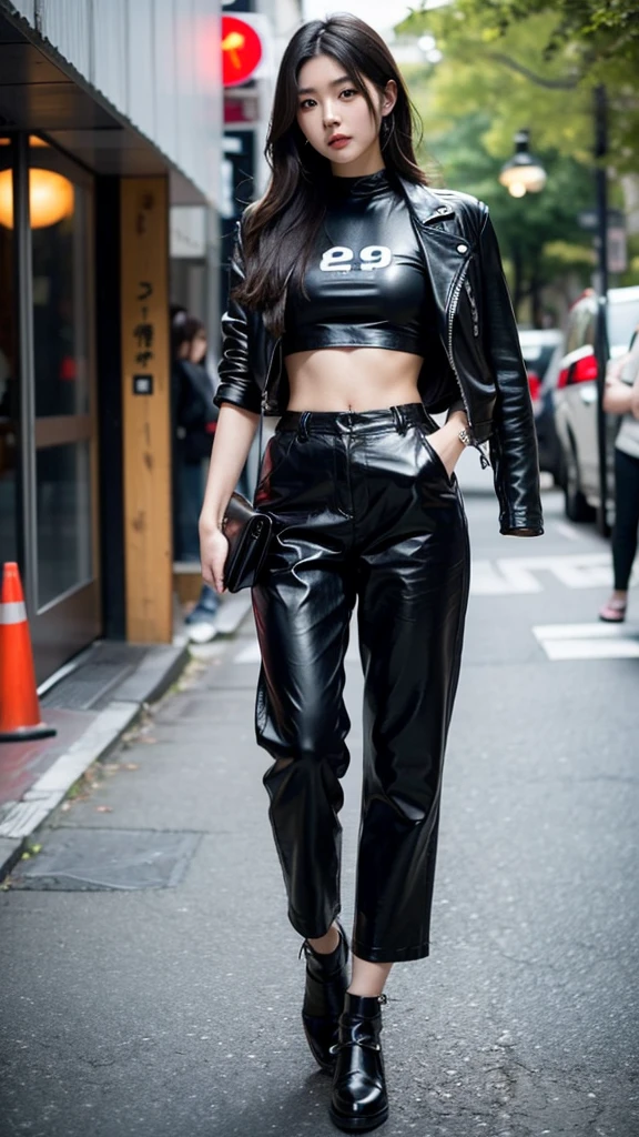 20 year old Japanese girl, wearing a black leather jacket, black trousers, black shoes, black crop top, has a slim stomach, long black hair, photo in the city, 8k masterpiece, detail,