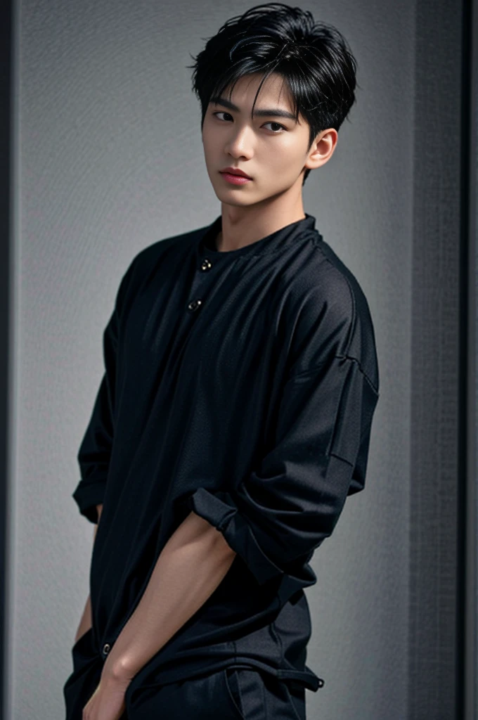 (masterpiece:1.21),(bestquality:1.21),8k,high detailed,ultra-detailed,photography,award winning,documentary,realistic,crystal clear,8K UHD,high detail,ultra-realistic,1boy,solo,male focus,slim asian male,tall,thin,black eyes,solid eyes,thick eyebrows,Real Skin Texture,Textured Male Haircut,(wearing fashion male clothing:1.44),portrait,Gloom,
