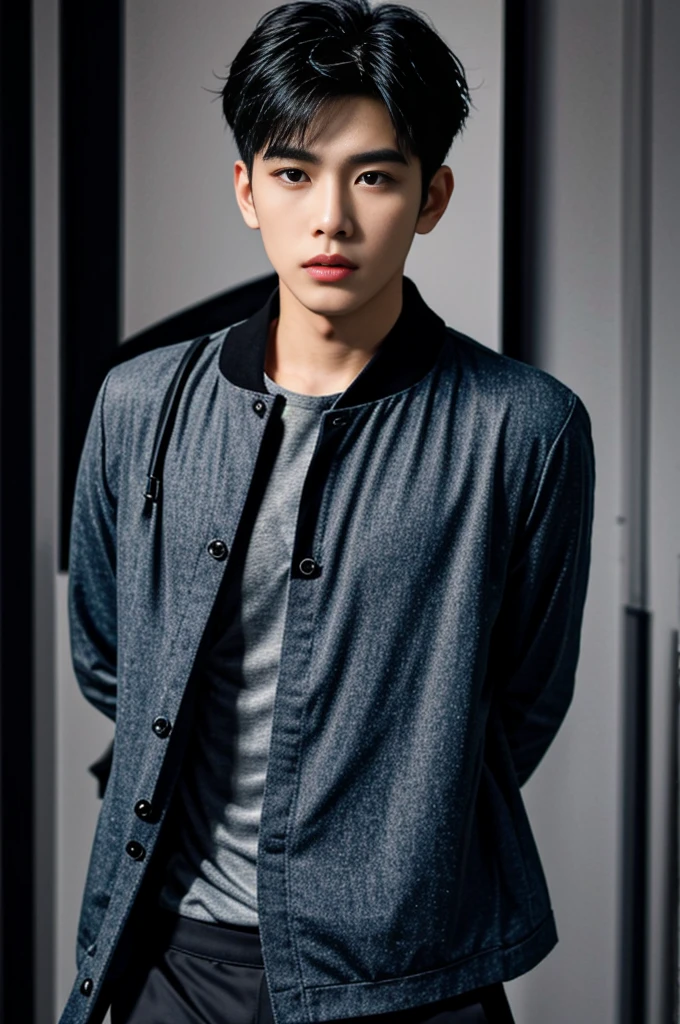 (masterpiece:1.21),(bestquality:1.21),8k,high detailed,ultra-detailed,photography,award winning,documentary,realistic,crystal clear,8K UHD,high detail,ultra-realistic,1boy,solo,male focus,slim asian male,tall,thin,black eyes,solid eyes,thick eyebrows,Real Skin Texture,Textured Male Haircut,(wearing fashion male clothing:1.44),portrait,Gloom,