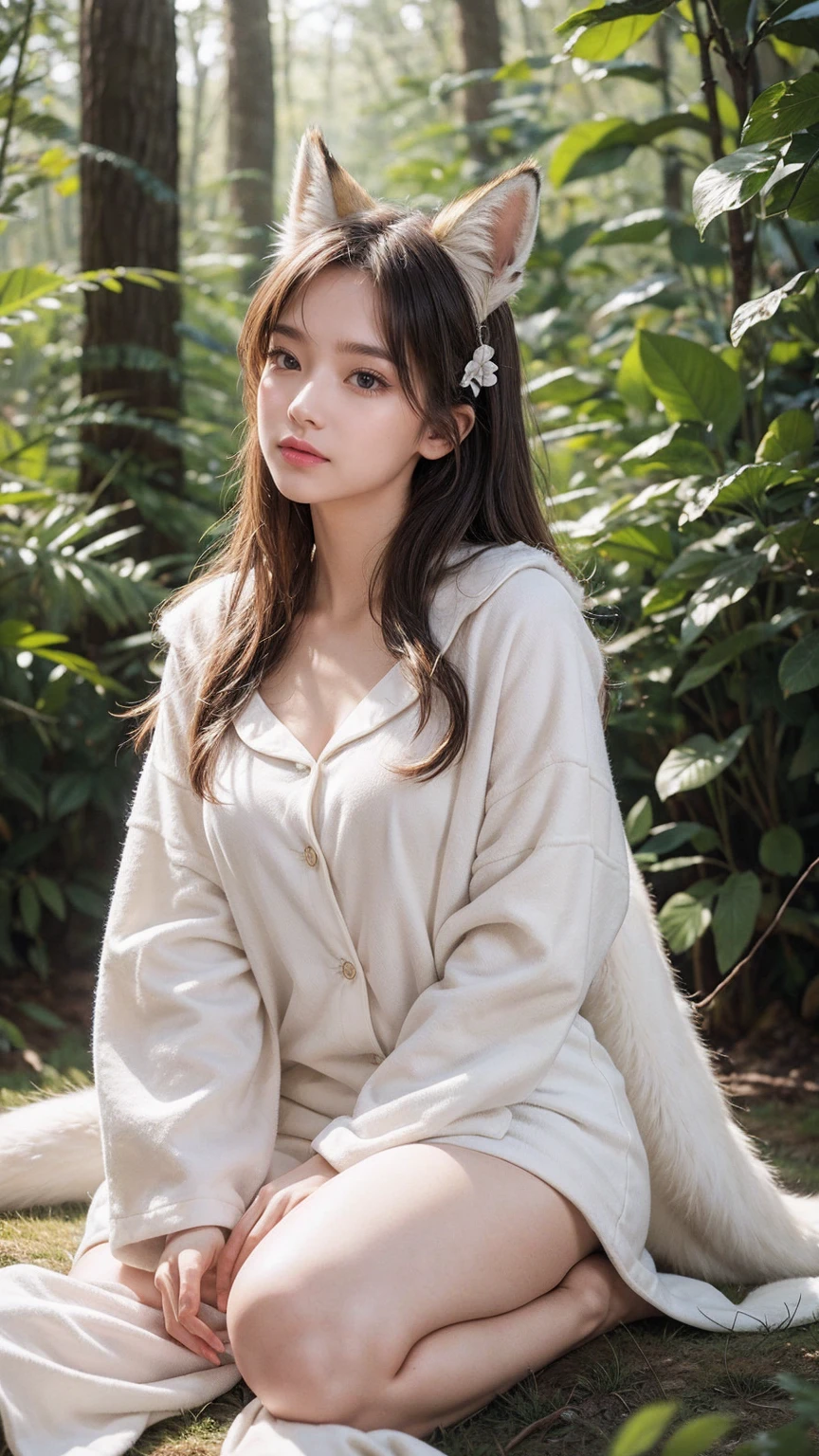 Professional high-quality photos, 4K resolution, Realistically captured a woman in fluffy white pajamas、Detail of charming girl with long ears and fox tail. She sat in an enchanted forest, Every element is perfectly presented. The texture of the pajamas, Ears and tail are pointed and distinct. Sunlight falls on leaves,Gently illuminates the girl's face, Highlight every exquisite and charming expression