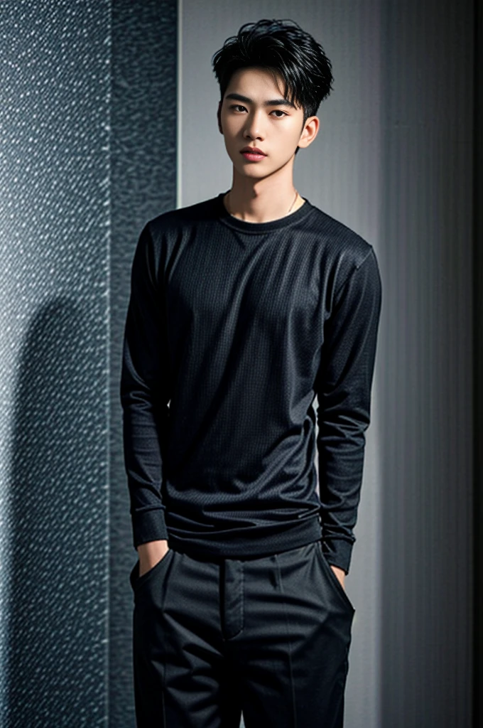 (masterpiece:1.21),(bestquality:1.21),8k,high detailed,ultra-detailed,photography,award winning,documentary,realistic,crystal clear,8K UHD,high detail,ultra-realistic,1boy,solo,male focus,slim asian male,tall,thin,black eyes,solid eyes,thick eyebrows,Real Skin Texture,Textured Male Haircut,(wearing fashion male clothing:1.44),portrait,Gloom,