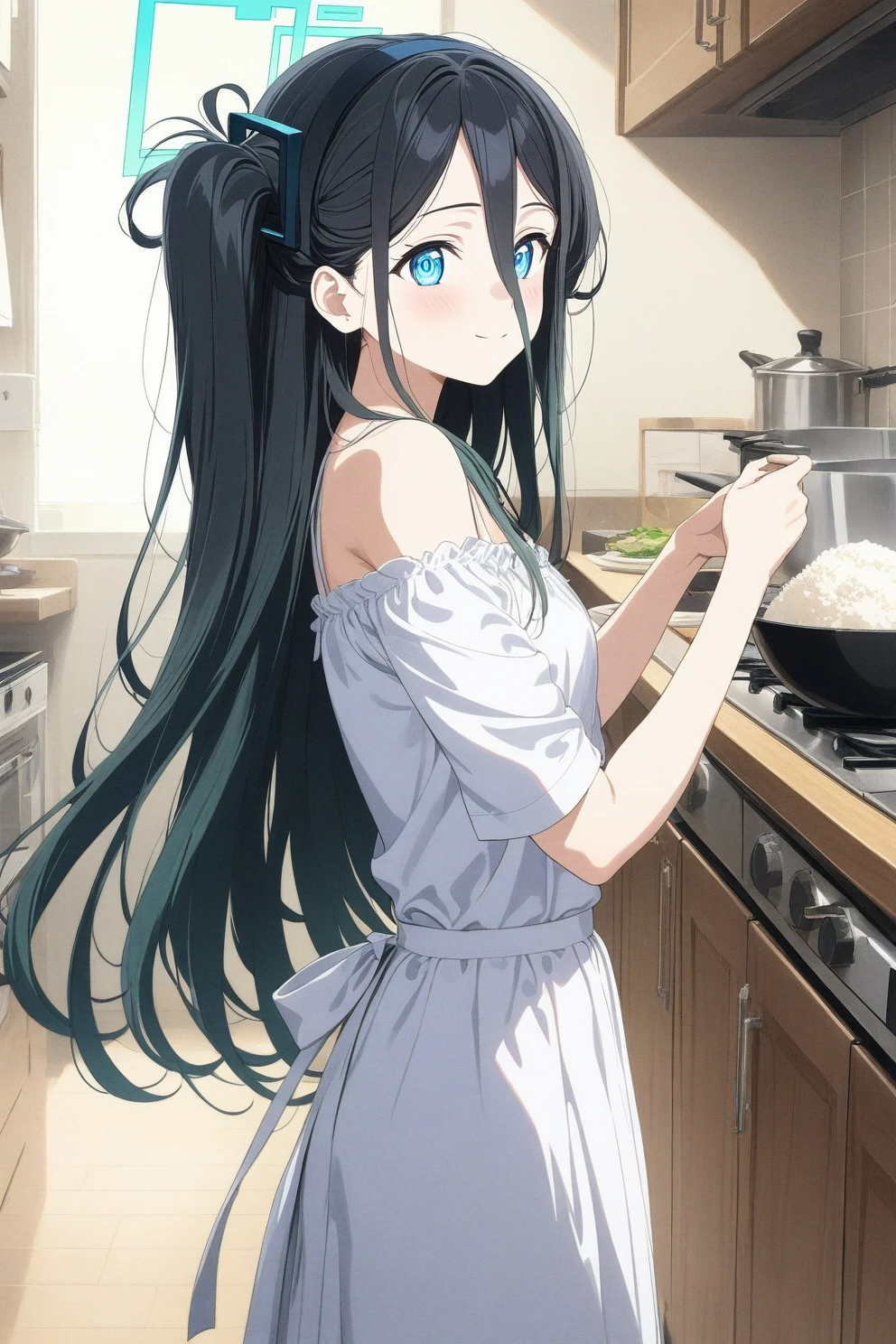 best quality, amazing quality, very aesthetic, absurdres, (1girl, aris, blue archive, solo, blue eyes, black hair, long hair), (realistic face:0.9),(off-shoulder dress:1.8),dress lift, (blush, thigh:1.3), (cowboy shot), (glowing eyes:1.1), (half closed eyes:0.9), (from side:2),(official art:1.3), (kitchen), expressive eyes, perfect face, 4k, extremely detailed anime illustration, extremely detailed eyes, perfect anatomy, light rays, extremely delicate body, smooth skin, (school background:1.5), clear eyes, beautiful face, small breasts,(anime style:1.5), (Chiaroscuro:1.5), (highres:2), In the kitchen, brightly lit by the morning sun, a woman in a white apron is smiling at us. In her right hand is a handful of rice balls, and in her left is a small white plate filled with salt. Her smile is as if she is saying, "Look, it's almost ready.