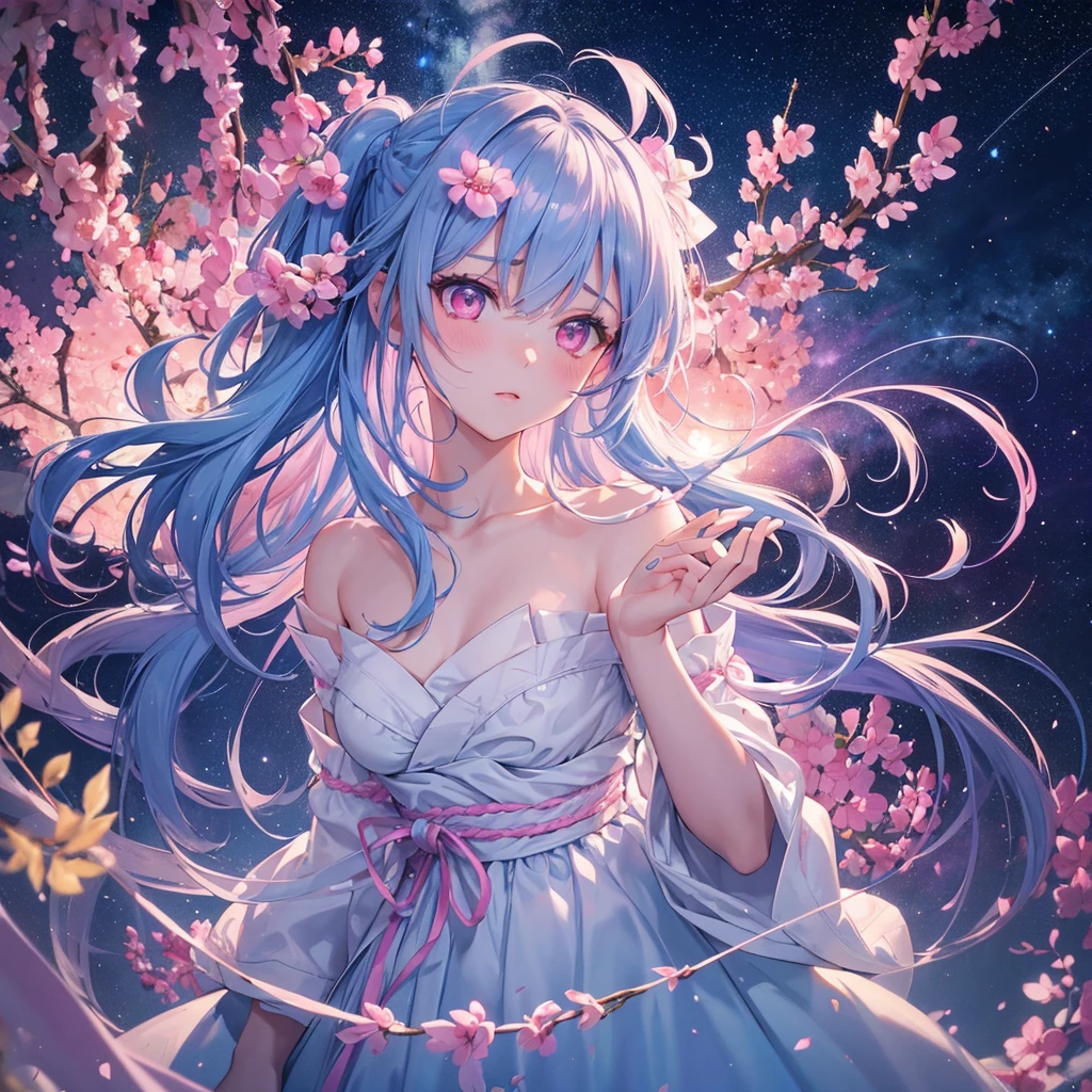 Sky blue hair, (One braided ponytail),(Pink Eyes),Fair skin ,(whole body),(One girl),White yukata,Tanabata,(The Milky Way in the night sky),Hollow Eyes,Blushing,Straight bangs,,Wedding dress,(masterpiece, Highest quality, Very detailed, Best Shadow), (Detailed Background), (Beautifully detailed face), High Contrast, (Best lighting, Very delicate and beautiful), ((Cinematic Light)), colorful, Hyper Detail, Dramatic Light, Intricate details,Reaching out,
