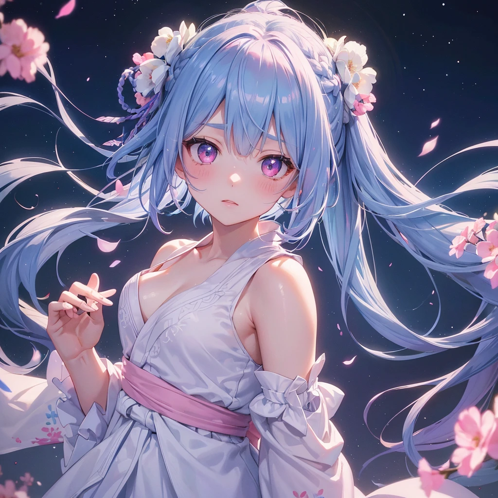 Sky blue hair, (One braided ponytail),(Pink Eyes),Fair skin ,(whole body),(One girl),White yukata,Tanabata,(The Milky Way in the night sky),Hollow Eyes,Blushing,Straight bangs,,Wedding dress,(masterpiece, Highest quality, Very detailed, Best Shadow), (Detailed Background), (Beautifully detailed face), High Contrast, (Best lighting, Very delicate and beautiful), ((Cinematic Light)), colorful, Hyper Detail, Dramatic Light, Intricate details,Reaching out,