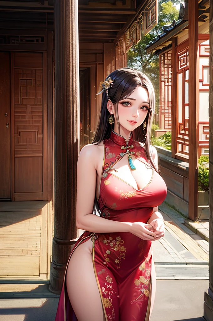 Highest quality, masterpiece, High resolution, One girl, ancient Chinese pink dress, Beautiful Face, Ancient Chinese Clothing, Bow without original photo, elegant, Noble, Thin legs, Fairy, hair accessory, alone, View your viewers, smile, lips, dress, hair accessory, necklace, jewelry, Long Hair, Earrings, architecture, east asian architecture