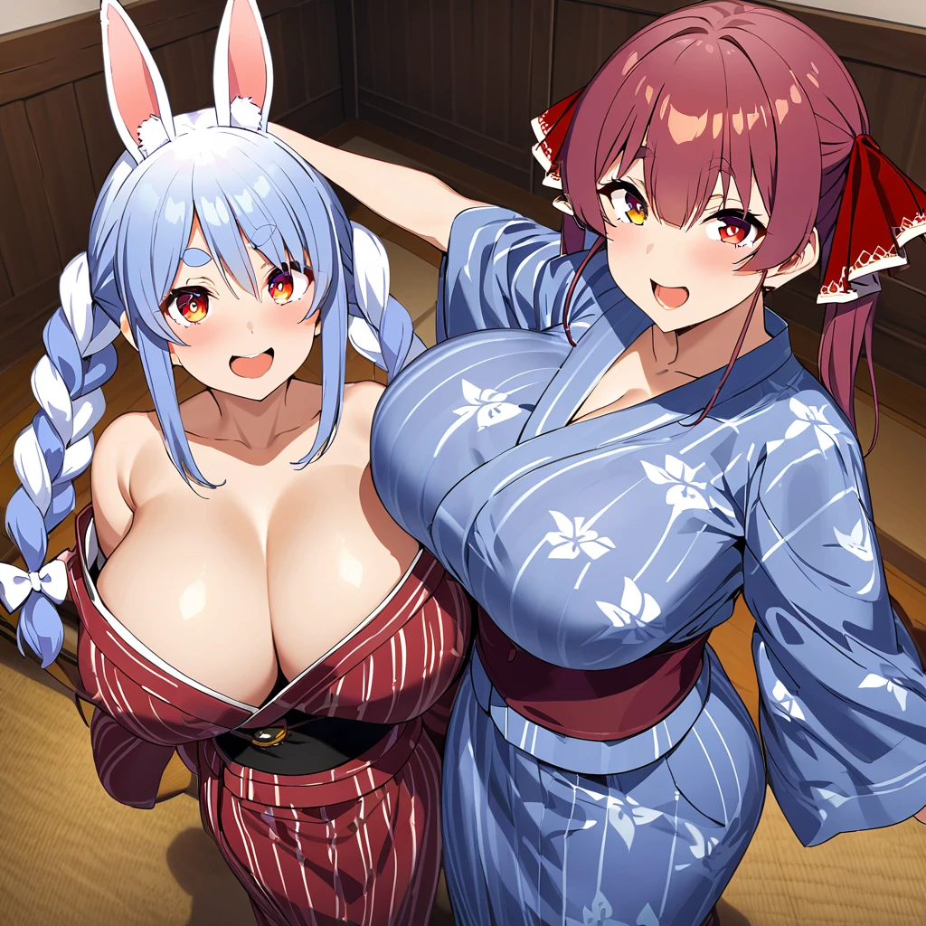 usada pekora,houshou marine,2girl,open mouth,yukata,super huge breasts,looking at viewer,Taken from the viewpoint above,upturned eyes,near,standing up,Lined up,ryokan,in room