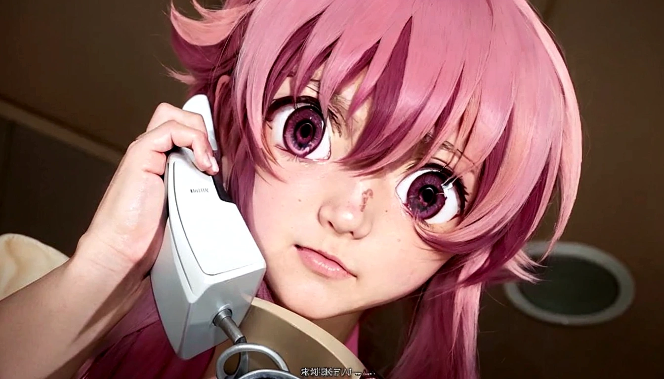 anime girl with pink hair talking on a desk phone, mirai nikki, anime girl named gasai yuno, realistic pink eyes, gasai yuno, close up of mirai nikki, gasai yuno, gasai yuno, she has a cute expressive face, gasai yuno, screenshot from an Anime from 2012, in an anime scene, scene!!, shocking.