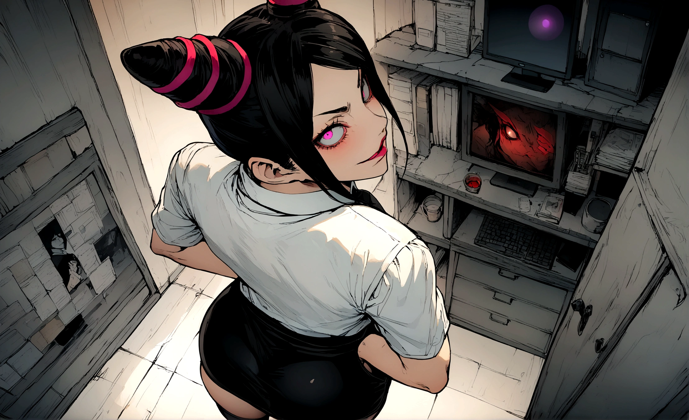 Juri Han, looking back,hands in pocket,artwork, tight white secretary shirt with black tie, black high waist skirt, Short skirt,media, black fur, black stockings scary sun,office,bangs in the eyes,Turning on,hair horn,View from above,evil smile,beautiful detailed ass, horror scene, she from the front
