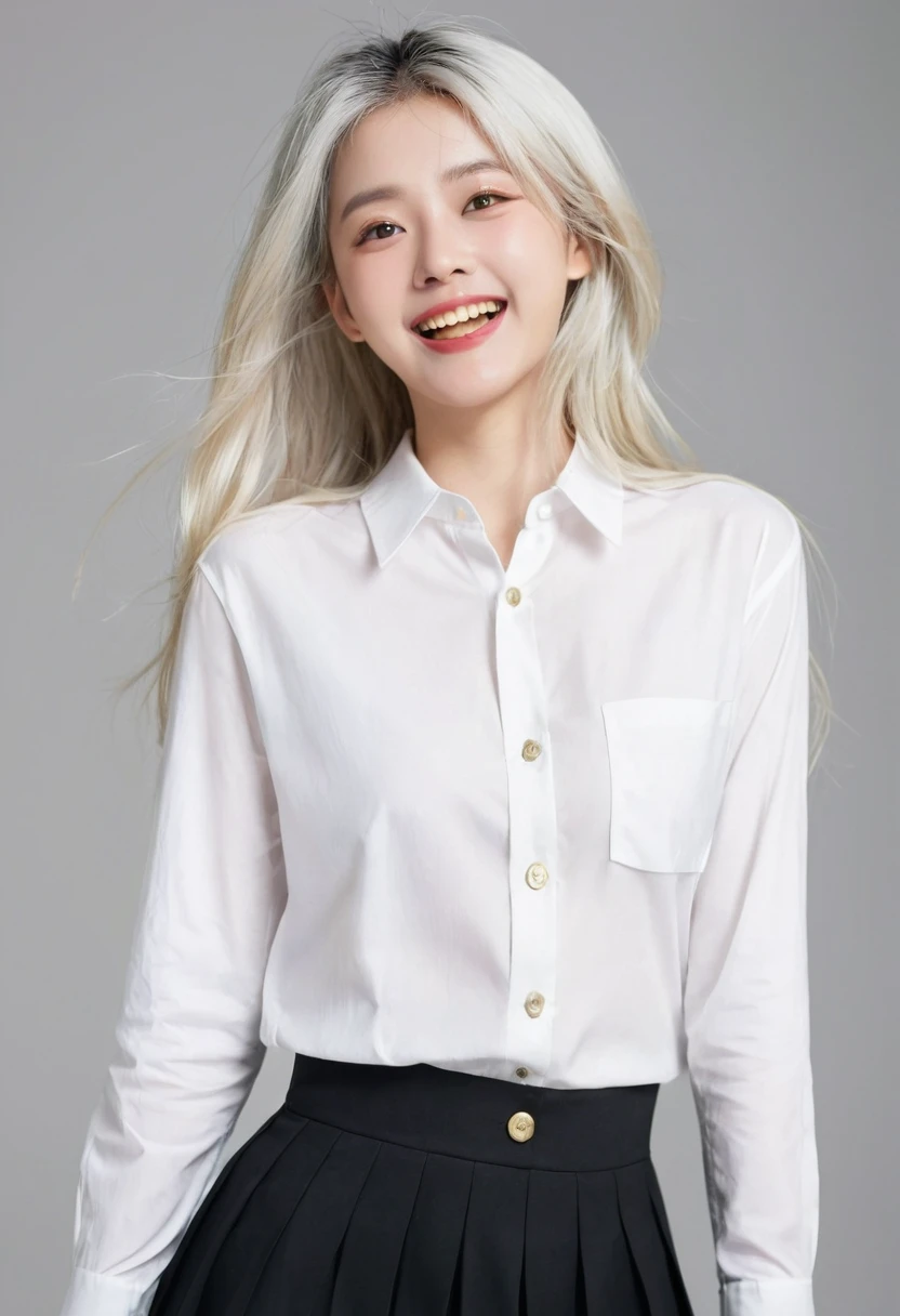 ((masterpiece, best quality)), (1girl), (solo), (female focus), (ahoge, white hair, very long hair), golden eyes, clear smile, open mouth, ((white shirt), (buttoned shirt), (gap button)), ((black skirt), (short skirt)), standing, white background, arms behind back, dynamic angle