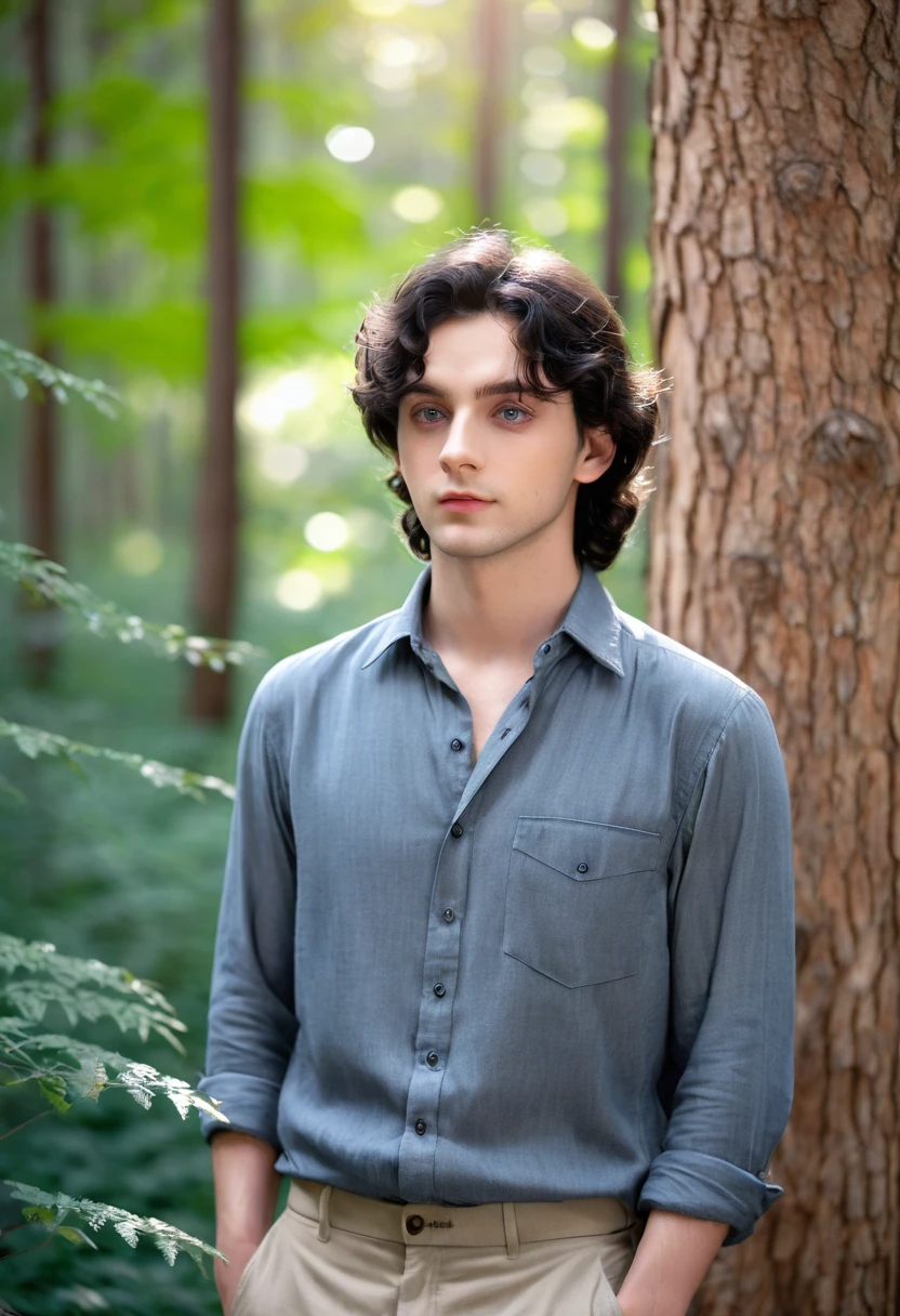 There is a young man with a handsome face and curly black hair and big blue eyes in a sunny forest, a thoughtful attentive expression on a handsome face, full-length, dressed in a simple gray shirt and old-style pants