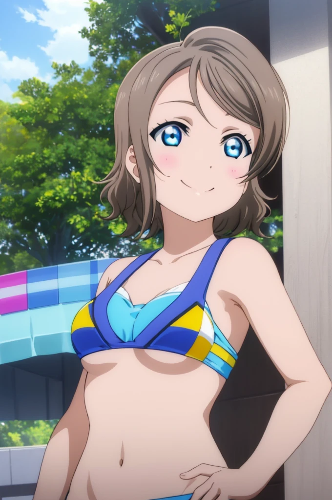 (((pixel-perfect, detail-perfect))), solo, 1girl, you watanabe, eyes azzur, smile, bikini, summer beach, armpit, big filesize, ultra High Qality