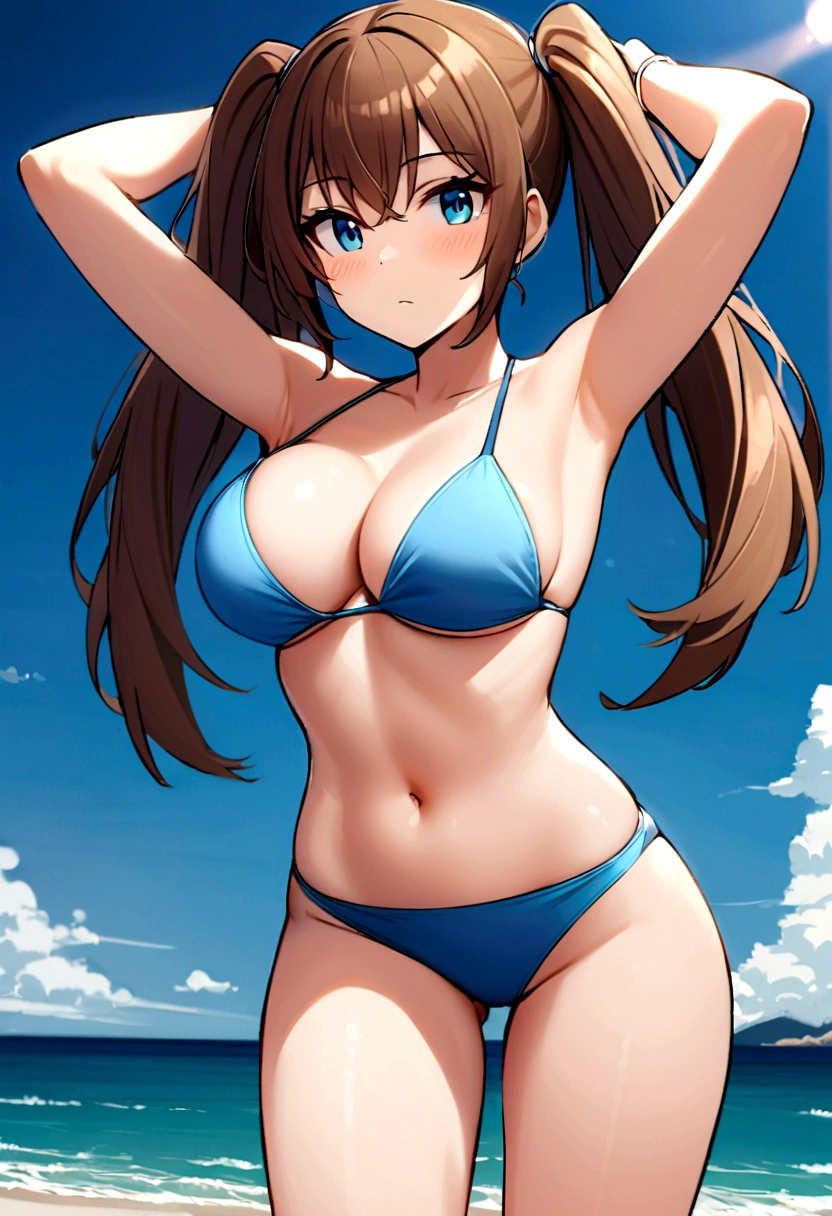 1 Girl, long_twintails, Brown hair, blue eyes, Wearing a blue bikini，Raise your arms, breast, cleveage, thigh, beach, 