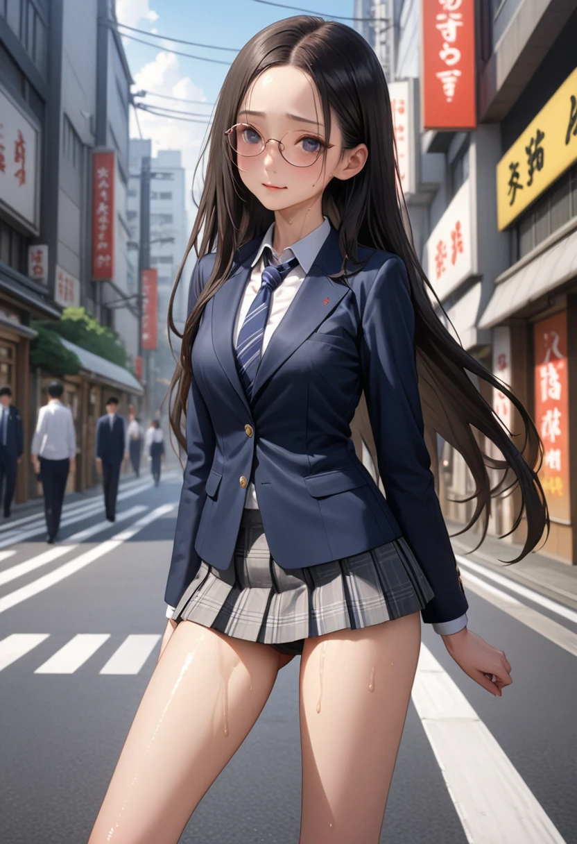 ((masterpiece,Highest quality:1.3,best illustration,realistic)),cowboy shot,1woman、独奏,23 year old Japanese beauty,((very small head:1.3)),center parted bangs,forehead,black hair,long hair,black eyes,gorgeous eyes,Black-rimmed glasses,shy,smile,medium breasts,((very long body:1.3)),((toned body,slender body,skinny)),gleaming skin,shiny skin,oily skin,sweat,(School uniform、Dark blue blazer jacket、Navy blue tie、Grey plaid pleated mini skirt),on street,Tokyo、