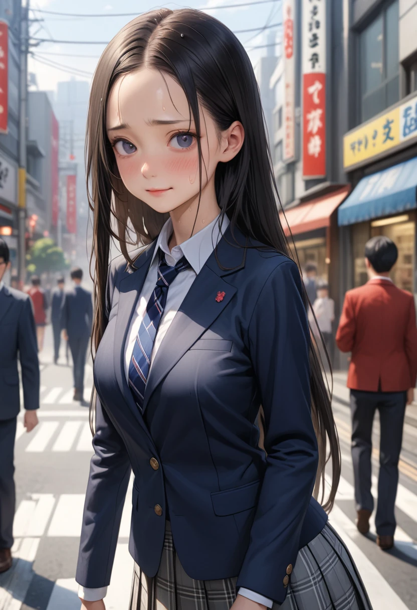 ((masterpiece,Highest quality:1.3,best illustration,realistic)),cowboy shot,1woman、独奏,23 year old Japanese beauty,((very small head:1.3)),center parted bangs,forehead,black hair,long hair,black eyes,gorgeous eyes,Black-rimmed glasses,shy,smile,medium breasts,((very long body:1.3)),((toned body,slender body,skinny)),gleaming skin,shiny skin,oily skin,sweat,(School uniform、Dark blue blazer jacket、Navy blue tie、Grey plaid pleated mini skirt),on street,Tokyo、